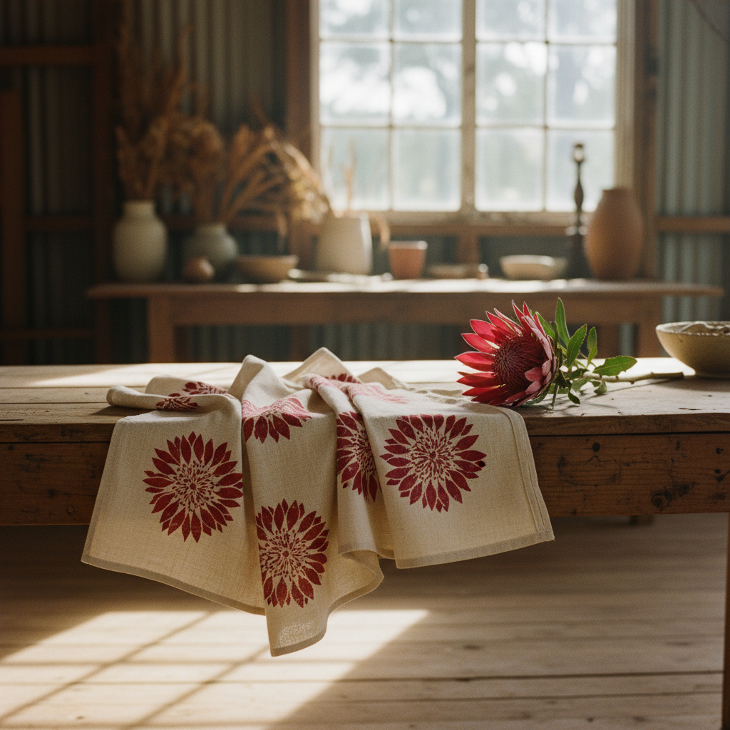 Waratah-printed linen on a timber studio bench, Hunter Valley