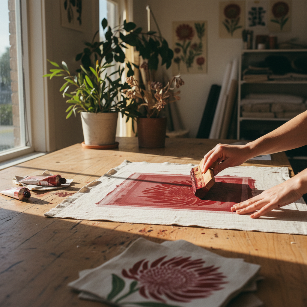 Emma Harrington screen-printing a waratah design onto linen in the studio